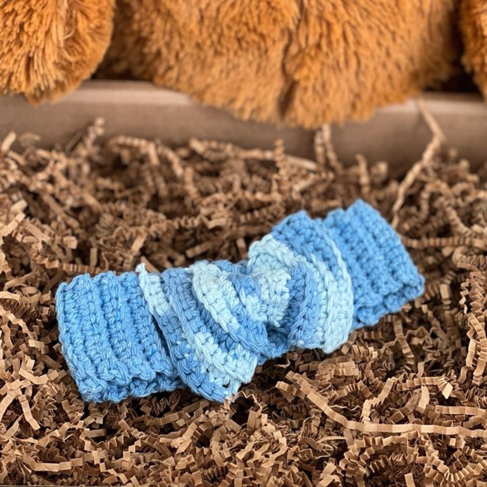 handmade blue crochet headband fits 18” stretchable cotton Handmade